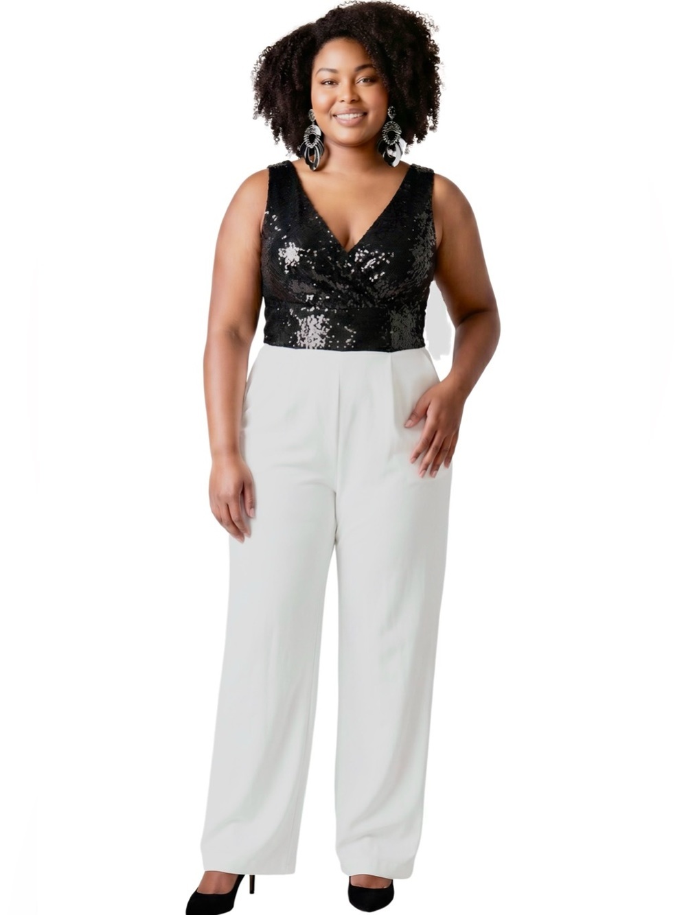 New York and Company Black and White Sequin Bodice Wide-Leg Jumpsuit